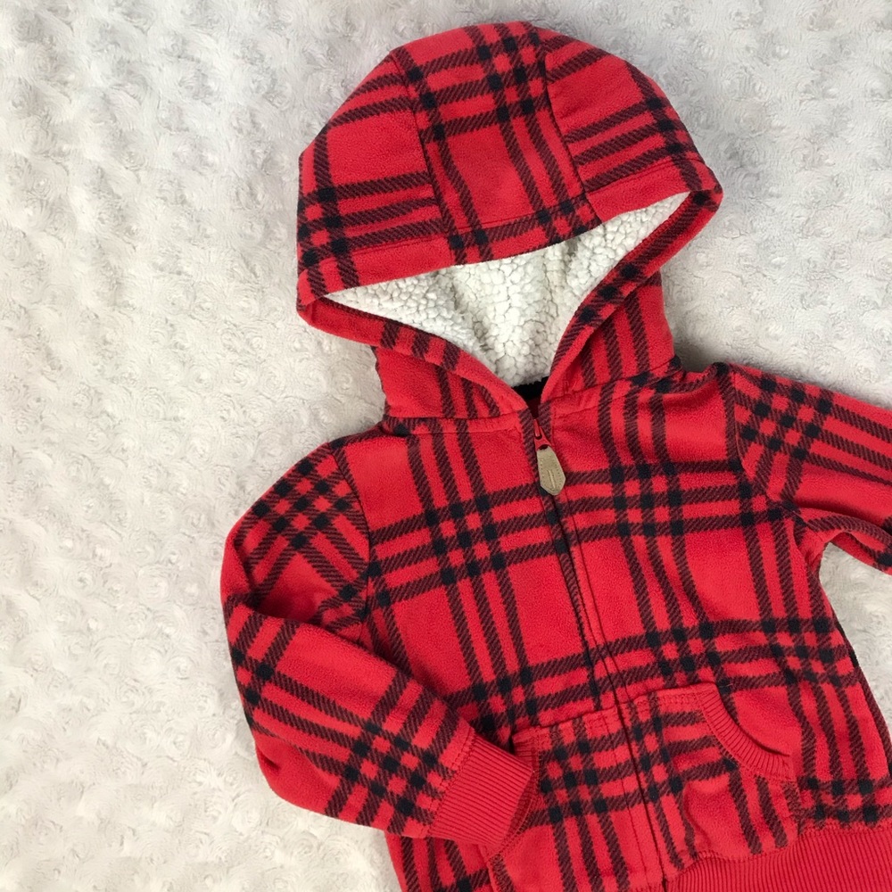 Carter’s Fleece Hooded Jacket Red Black Plaid 18M - Picture 1 of 4